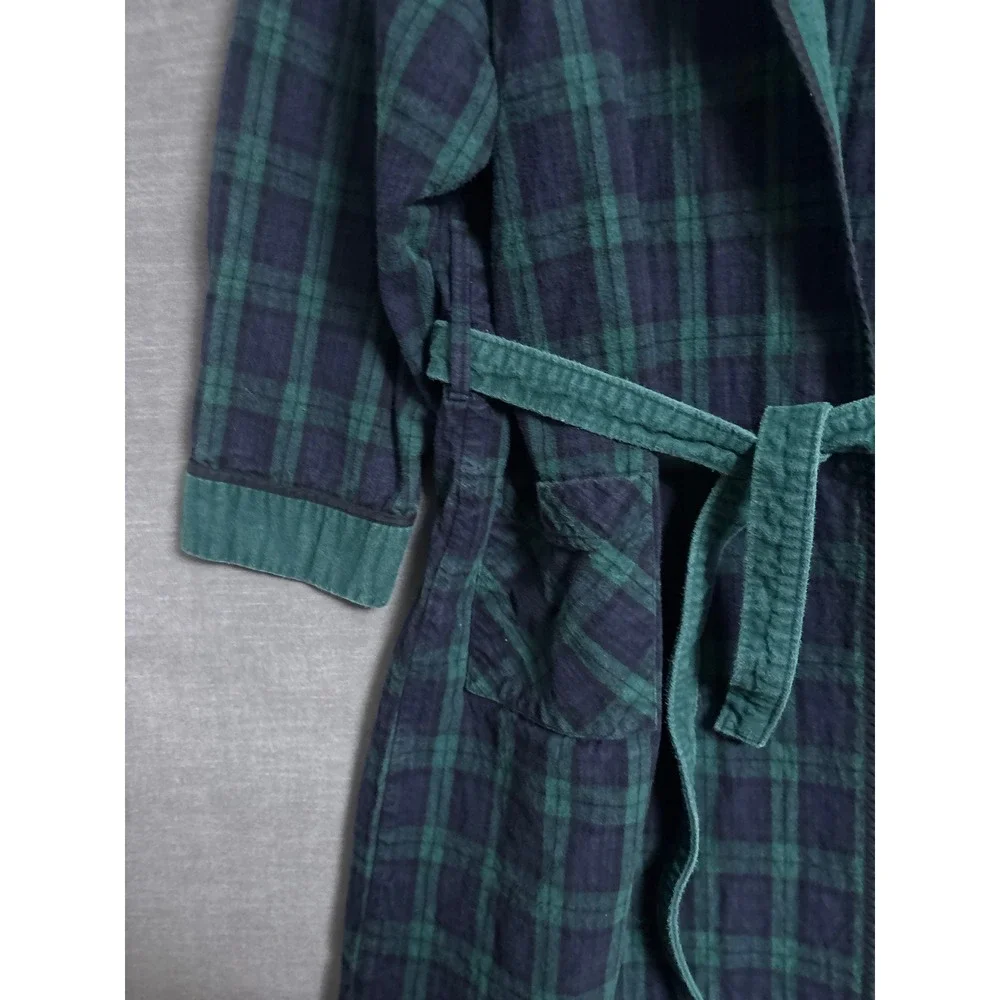 The Vermont Country Store Robe XL Green Blue Plaid Cotton Flannel Belted HEAVY